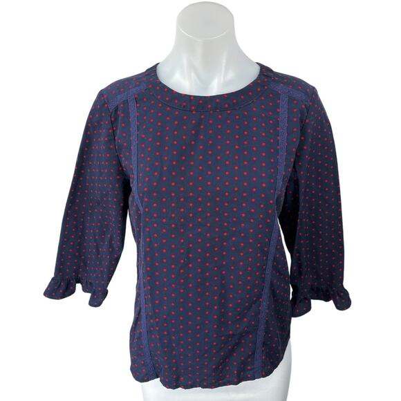 Banana Republic Blue Red Polka Dots Lace Trim 3/4 Sleeve Blouse Top Size S - Picture 1 of 4